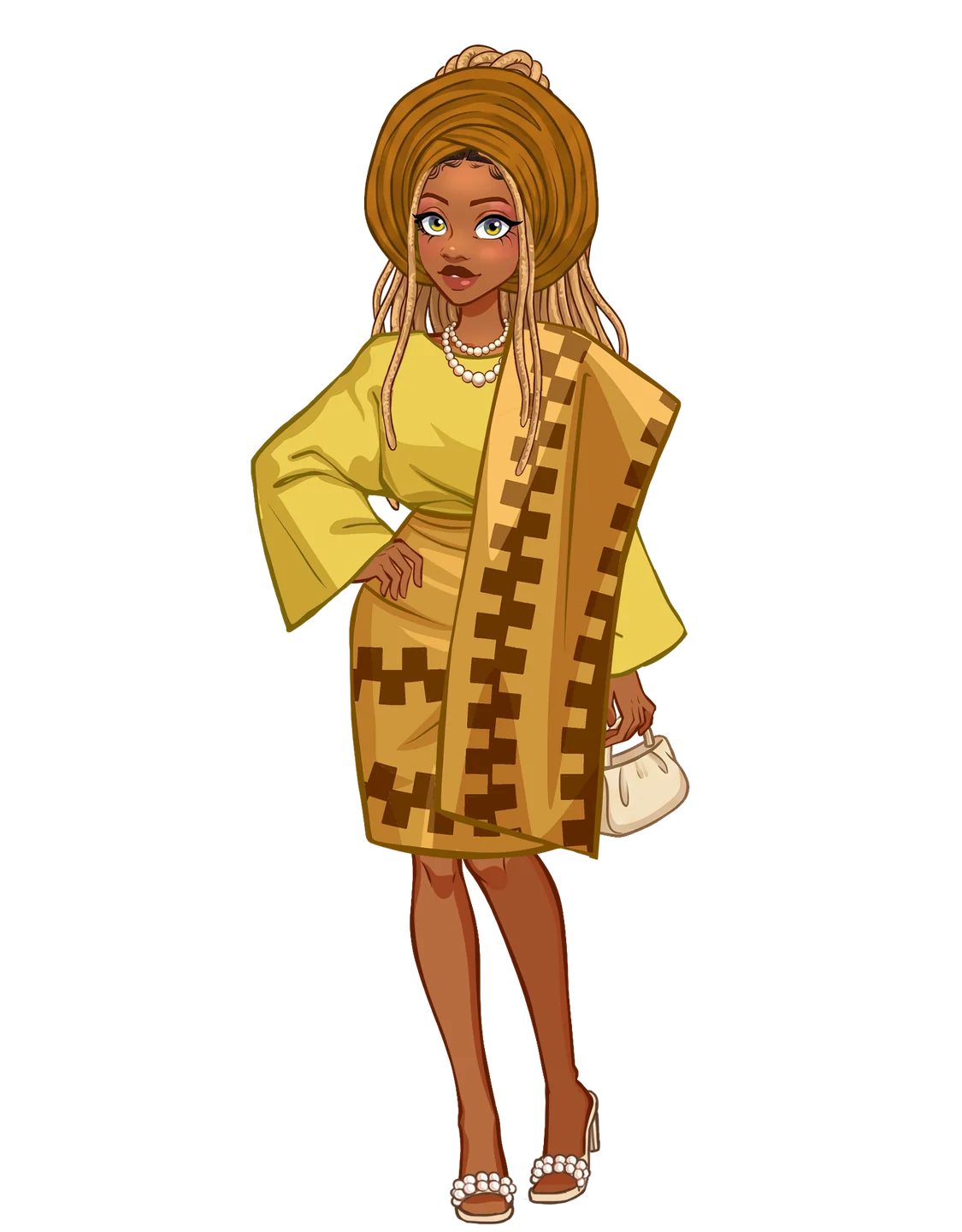 Kewa's Fashion character in a gold aso-oke wrapper and gele