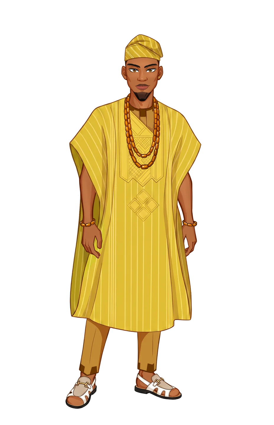Kewa's Fashion character in a gold agbada and fila