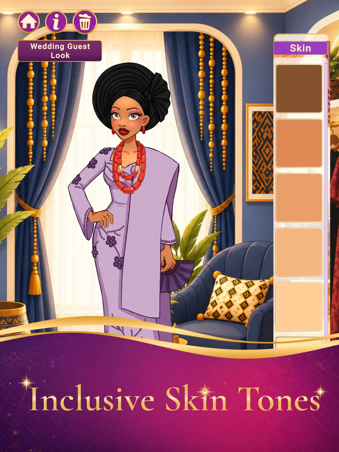 Inclusive skin tones — the skin tone picker on a wedding guest look